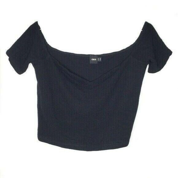 ASOS Top 14 Womens Cropped Black Off Shoulder Stretch Textured V Neck Date Night - Picture 1 of 4